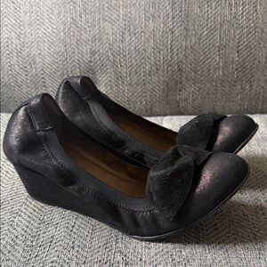 Anyi Lu Italy Black Metallic Leather/Suede Wedge Ballet Loafers Size: 37.5